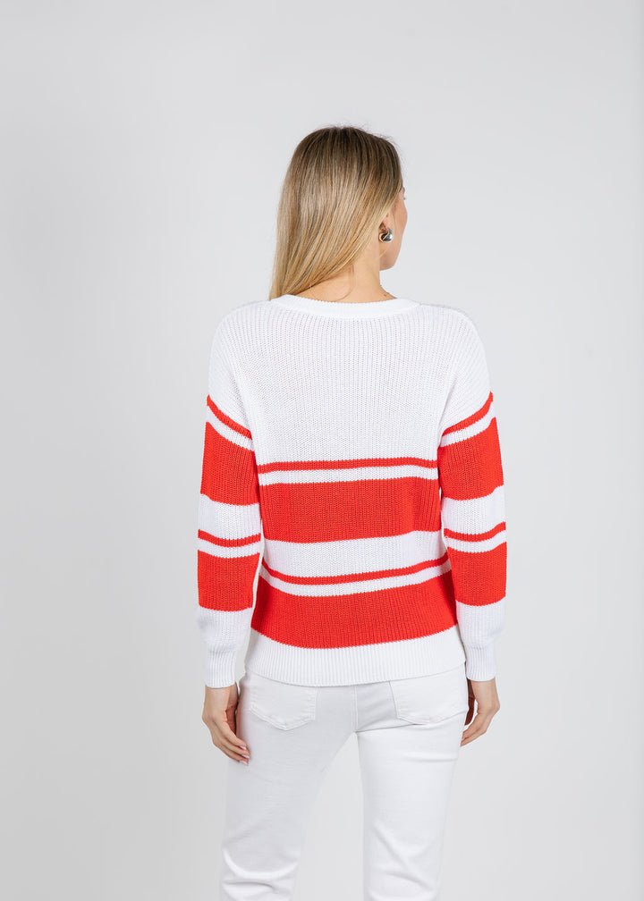 Autumn Cashmere Shaker Placement Stripe Sweater With Crochet Chain Detail in Bleach White/Apple available at Barbara Katz