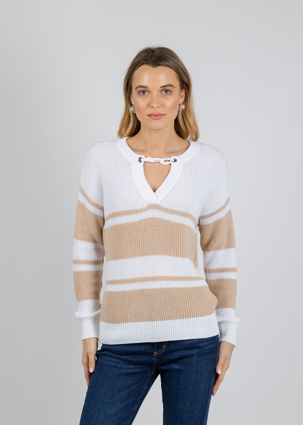 Autumn Cashmere Shaker Placement Stripe Sweater With Crochet Chain in Bleach White/Latte available at Barbara Katz