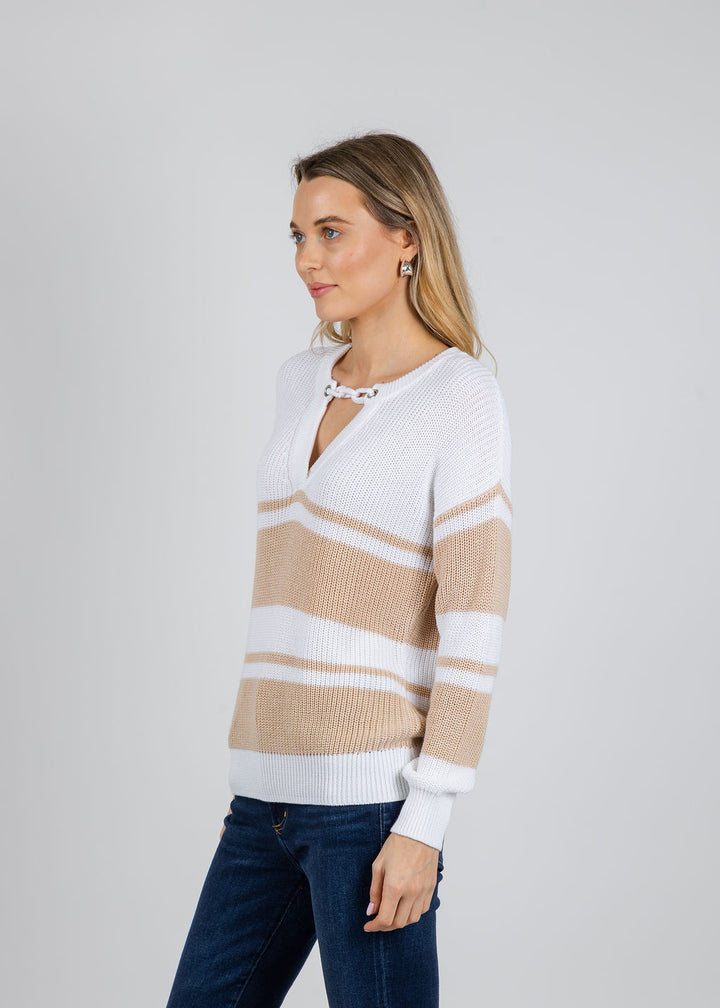 Autumn Cashmere Shaker Placement Stripe Sweater With Crochet Chain in Bleach White/Latte available at Barbara Katz