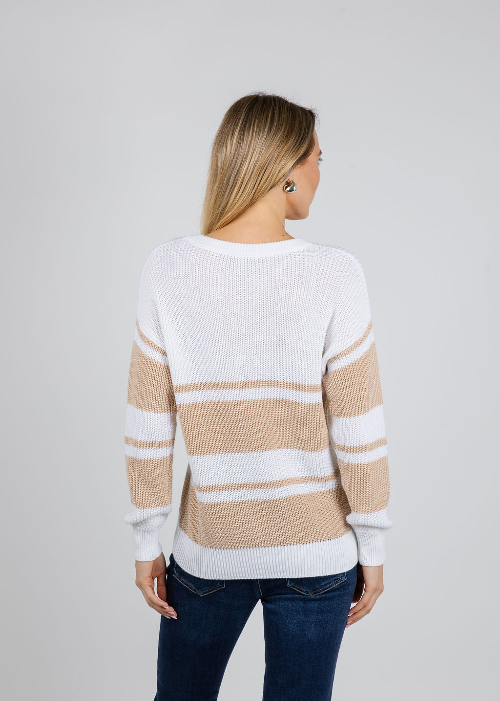 Autumn Cashmere Shaker Placement Stripe Sweater With Crochet Chain in Bleach White/Latte available at Barbara Katz