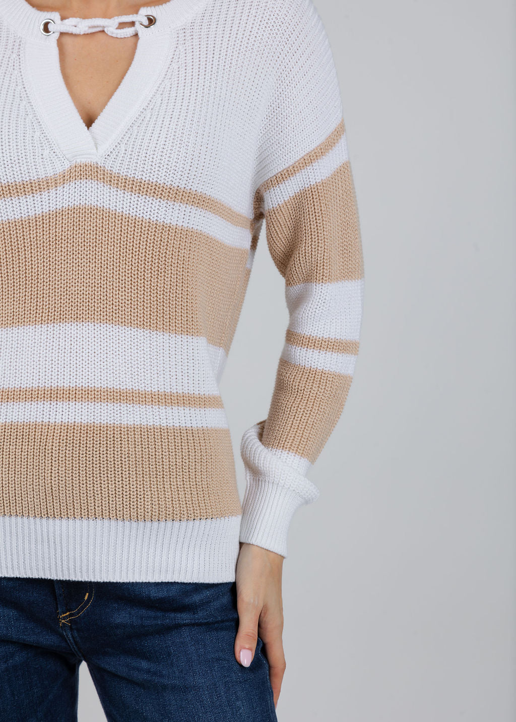 Autumn Cashmere Shaker Placement Stripe Sweater With Crochet Chain in Bleach White/Latte available at Barbara Katz