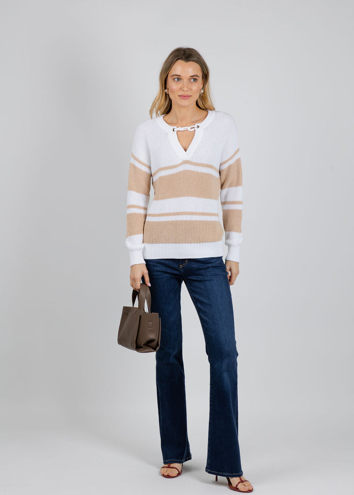 Autumn Cashmere Shaker Placement Stripe Sweater With Crochet Chain in Bleach White/Latte available at Barbara Katz