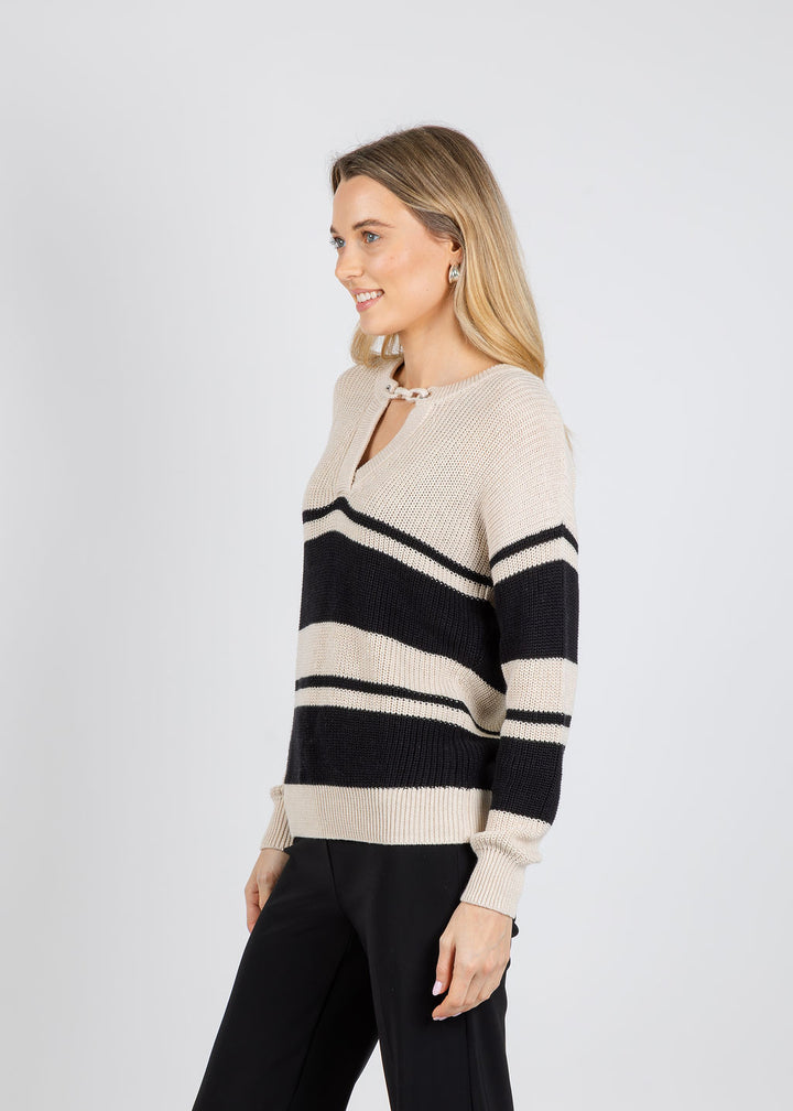 Autumn Cashmere Shaker Placement Stripe Sweater With Crochet Chain in Natural/Black available at Barbara Katz