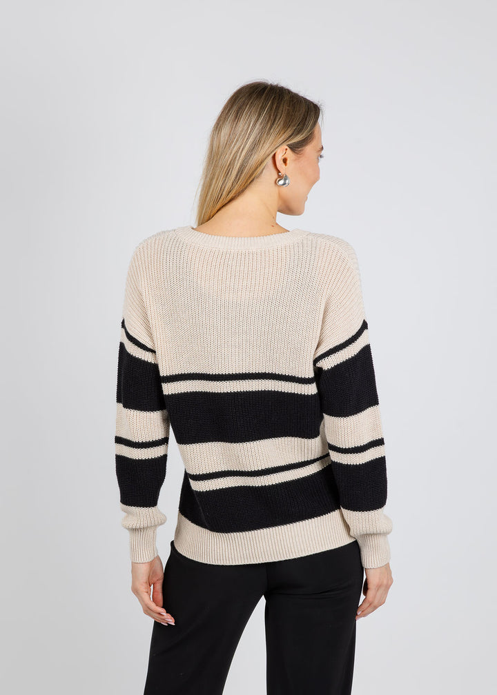 Autumn Cashmere Shaker Placement Stripe Sweater With Crochet Chain in Natural/Black available at Barbara Katz
