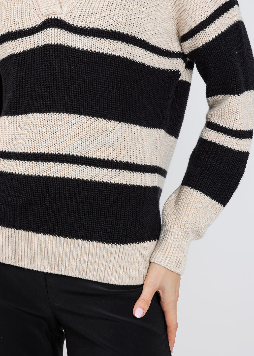 Autumn Cashmere Shaker Placement Stripe Sweater With Crochet Chain in Natural/Black available at Barbara Katz