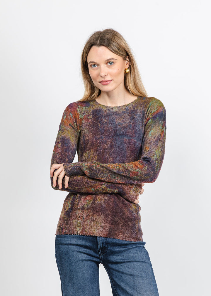 Autumn Cashmere Sheer Rust Print Raw Edge Crew Sweater in Navy Combo available at Barbara Katz