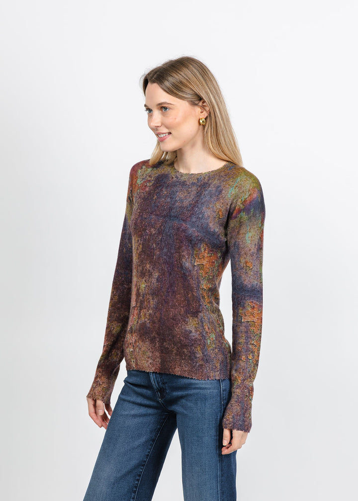 Autumn Cashmere Sheer Rust Print Raw Edge Crew Sweater in Navy Combo available at Barbara Katz