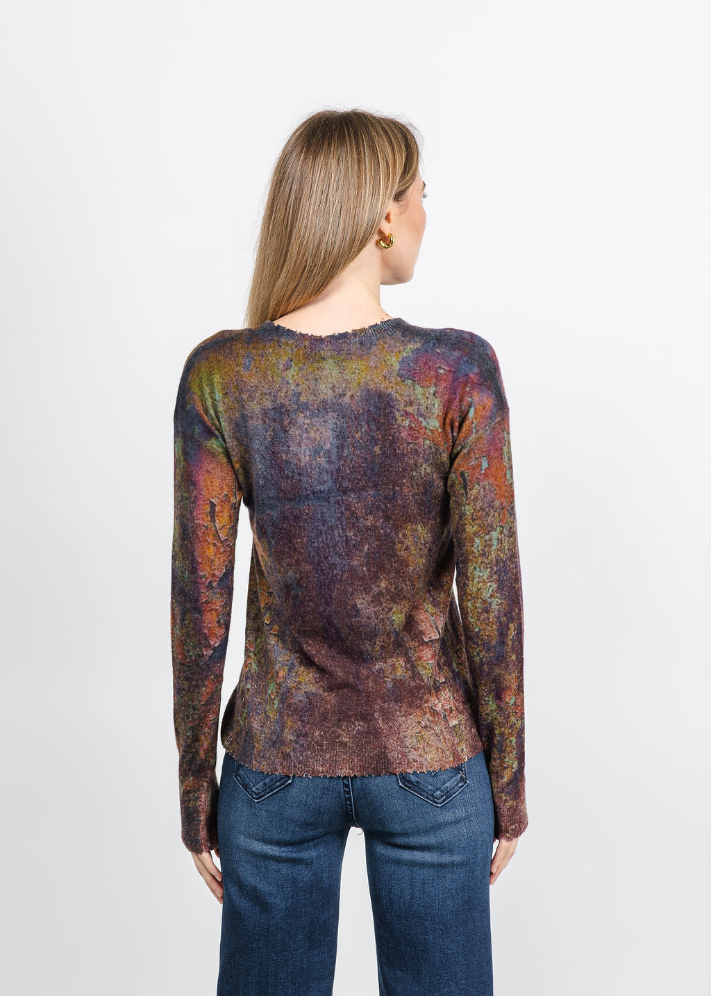 Autumn Cashmere Sheer Rust Print Raw Edge Crew Sweater in Navy Combo available at Barbara Katz