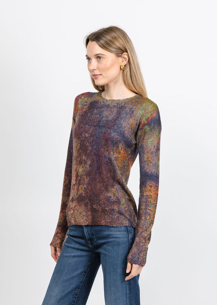 Autumn Cashmere Sheer Rust Print Raw Edge Crew Sweater in Navy Combo available at Barbara Katz
