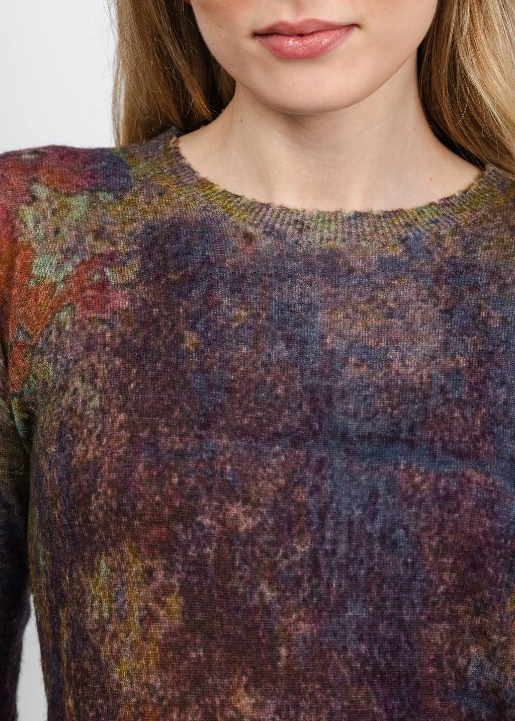 Autumn Cashmere Sheer Rust Print Raw Edge Crew Sweater in Navy Combo available at Barbara Katz