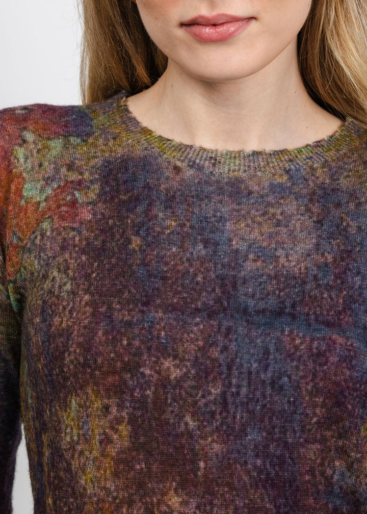 Autumn Cashmere Sheer Rust Print Raw Edge Crew Sweater in Navy Combo available at Barbara Katz