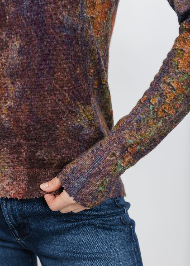 Autumn Cashmere Sheer Rust Print Raw Edge Crew Sweater in Navy Combo available at Barbara Katz