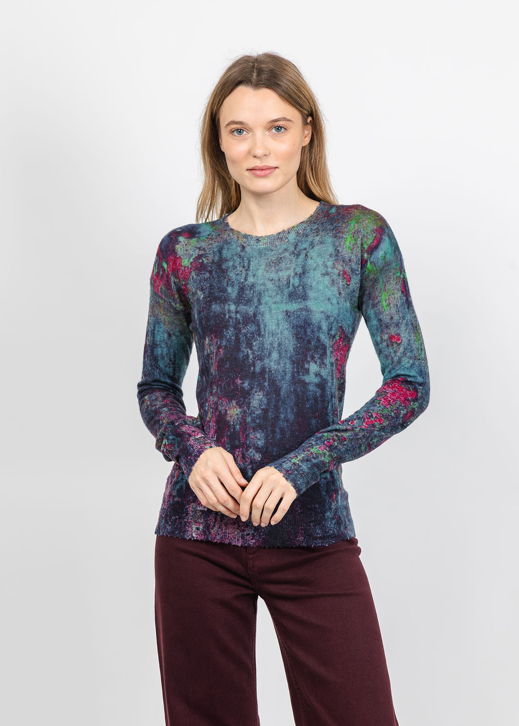 Autumn Cashmere Sheer Rust Print Raw Edge Crew Sweater in Teal Combo available at Barbara Katz