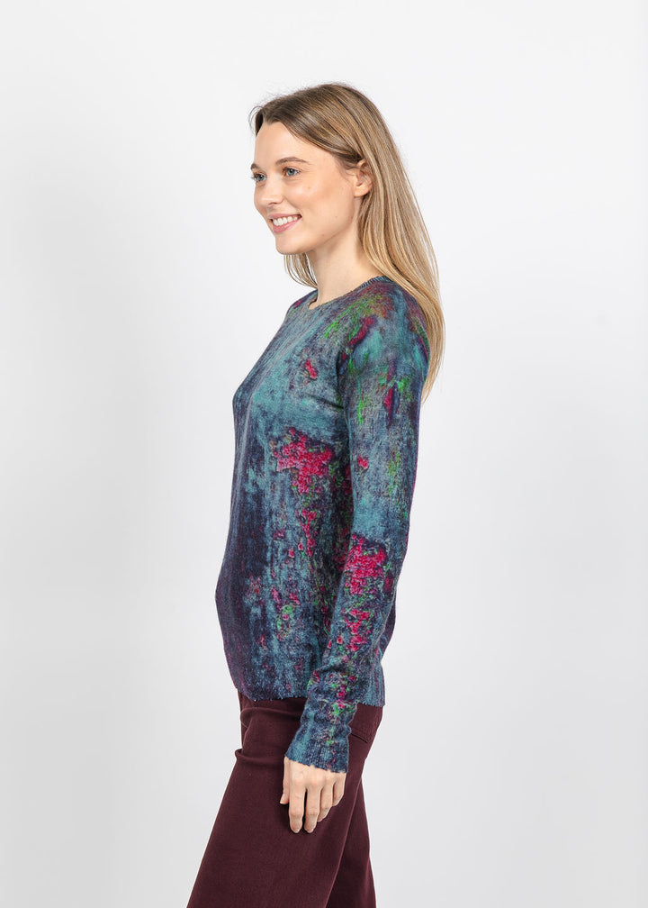 Autumn Cashmere Sheer Rust Print Raw Edge Crew Sweater in Teal Combo available at Barbara Katz