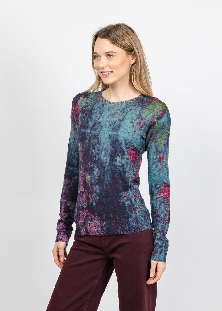 Autumn Cashmere Sheer Rust Print Raw Edge Crew Sweater in Teal Combo available at Barbara Katz