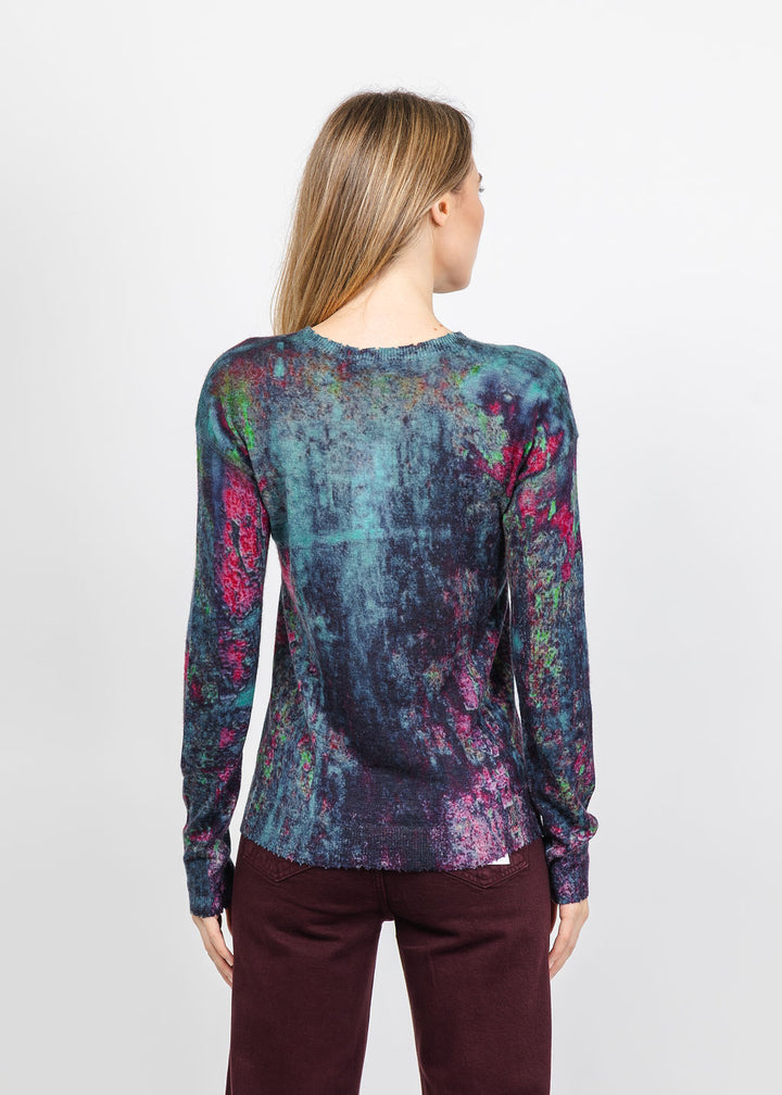 Autumn Cashmere Sheer Rust Print Raw Edge Crew Sweater in Teal Combo available at Barbara Katz