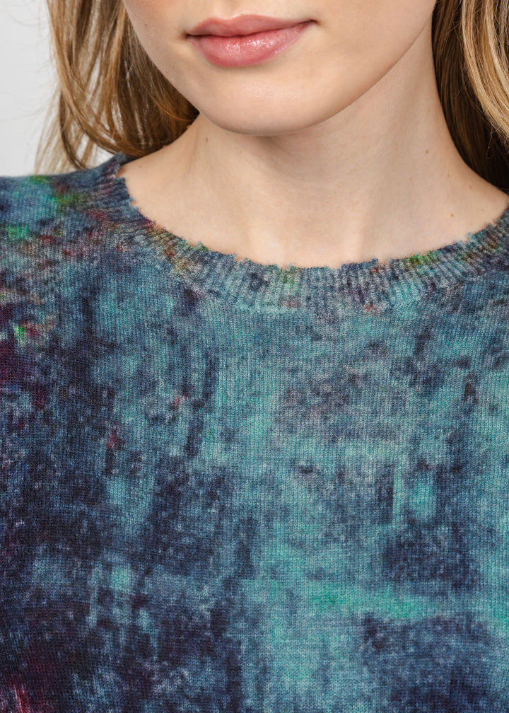 Autumn Cashmere Sheer Rust Print Raw Edge Crew Sweater in Teal Combo available at Barbara Katz