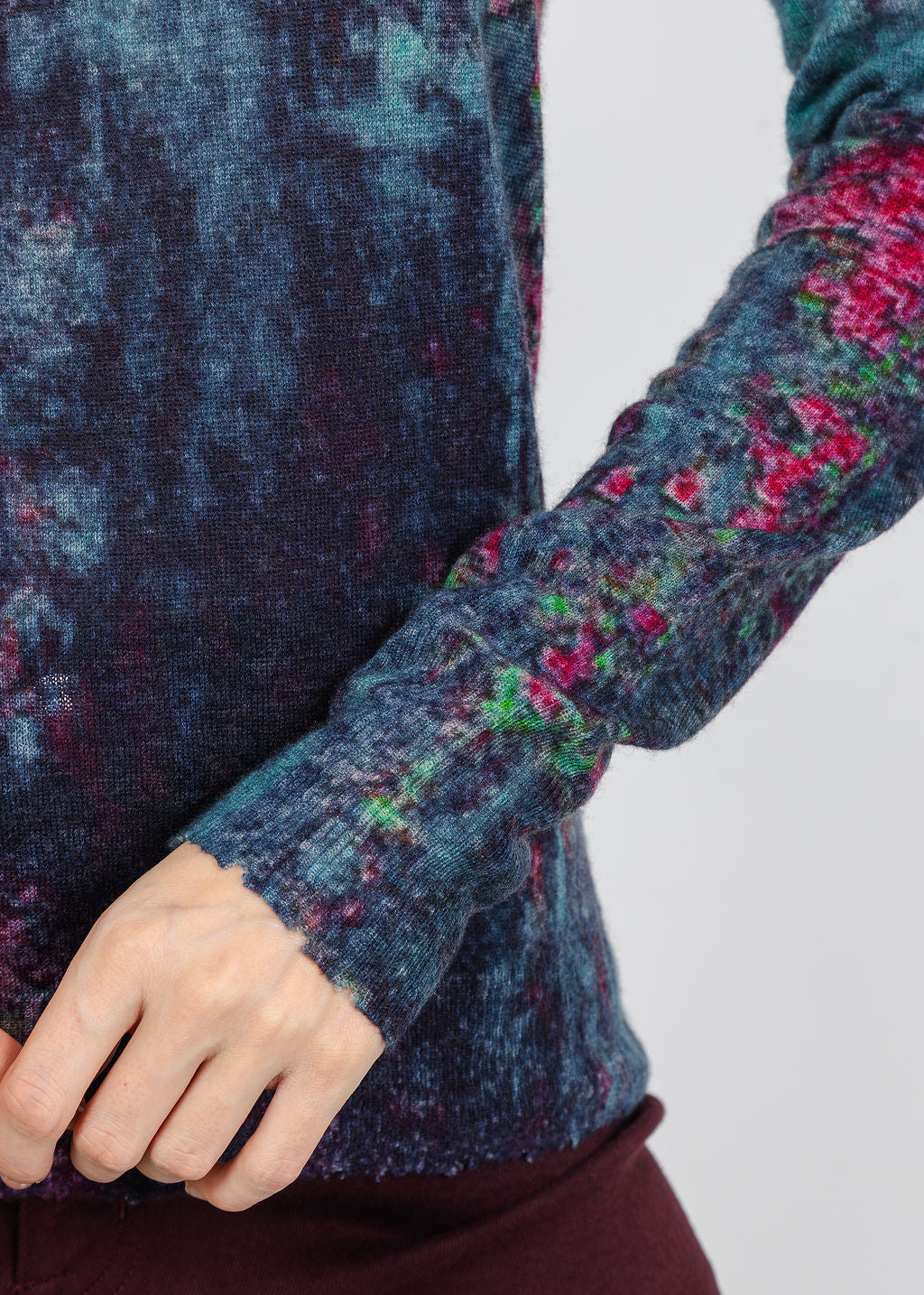 Autumn Cashmere Sheer Rust Print Raw Edge Crew Sweater in Teal Combo available at Barbara Katz