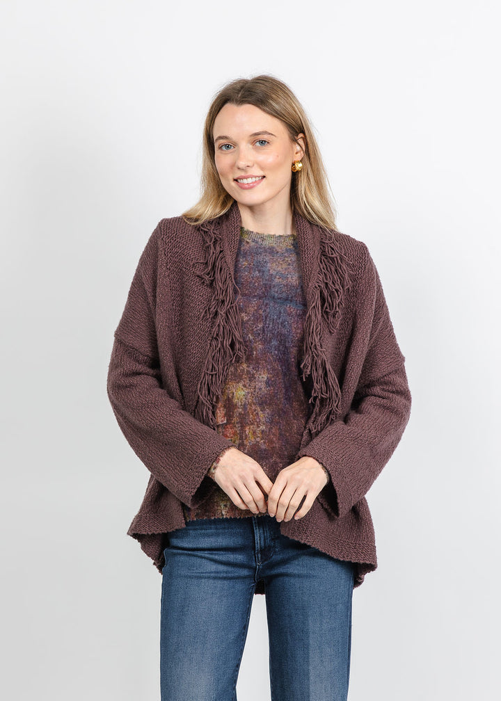 Autumn Cashmere Solid Fringe Shawl Collar Wrap Sweater in Cocoa available at Barbara Katz