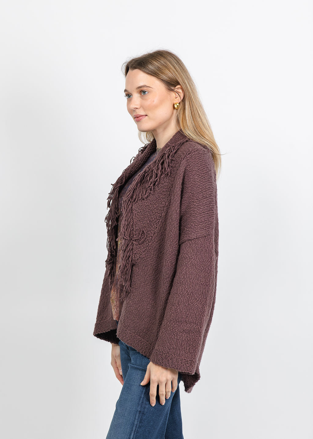 Autumn Cashmere Solid Fringe Shawl Collar Wrap Sweater in Cocoa available at Barbara Katz