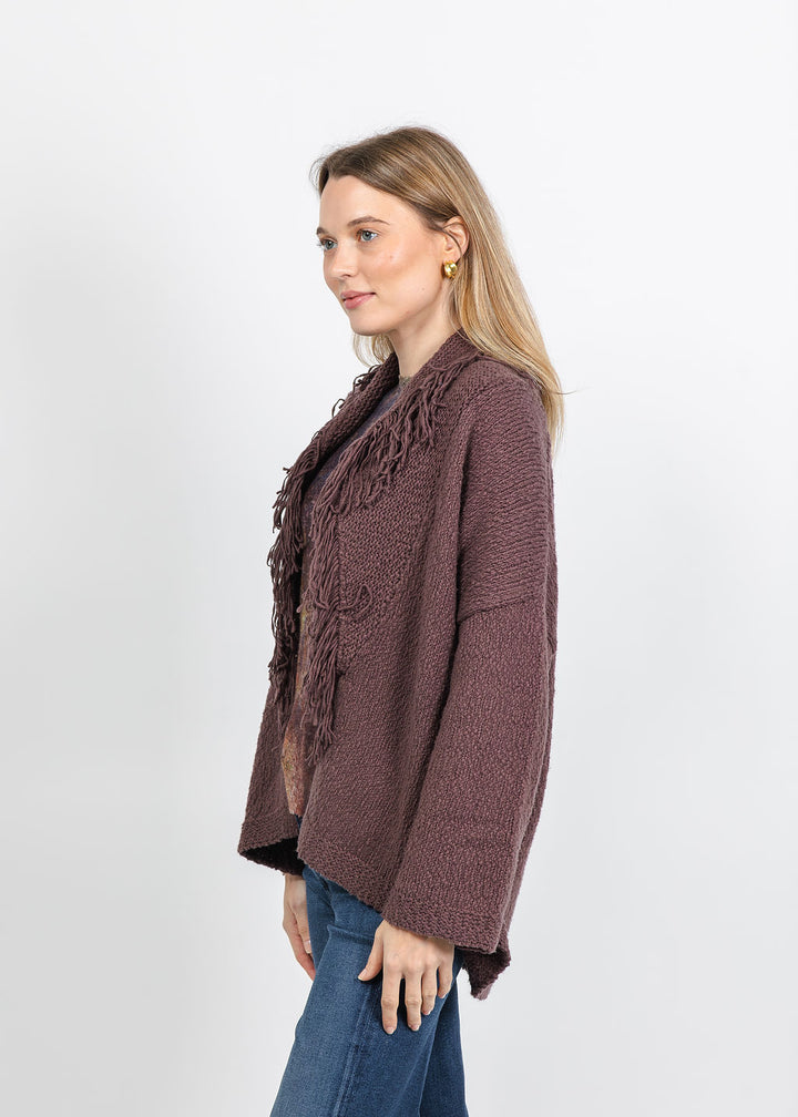 Autumn Cashmere Solid Fringe Shawl Collar Wrap Sweater in Cocoa available at Barbara Katz