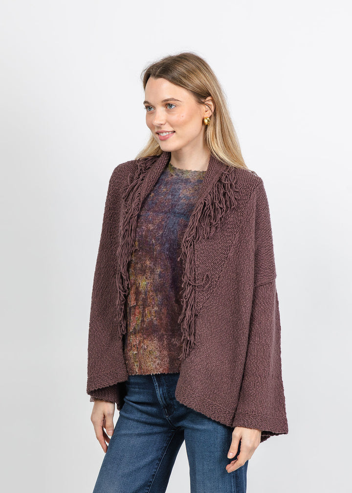Autumn Cashmere Solid Fringe Shawl Collar Wrap Sweater in Cocoa available at Barbara Katz