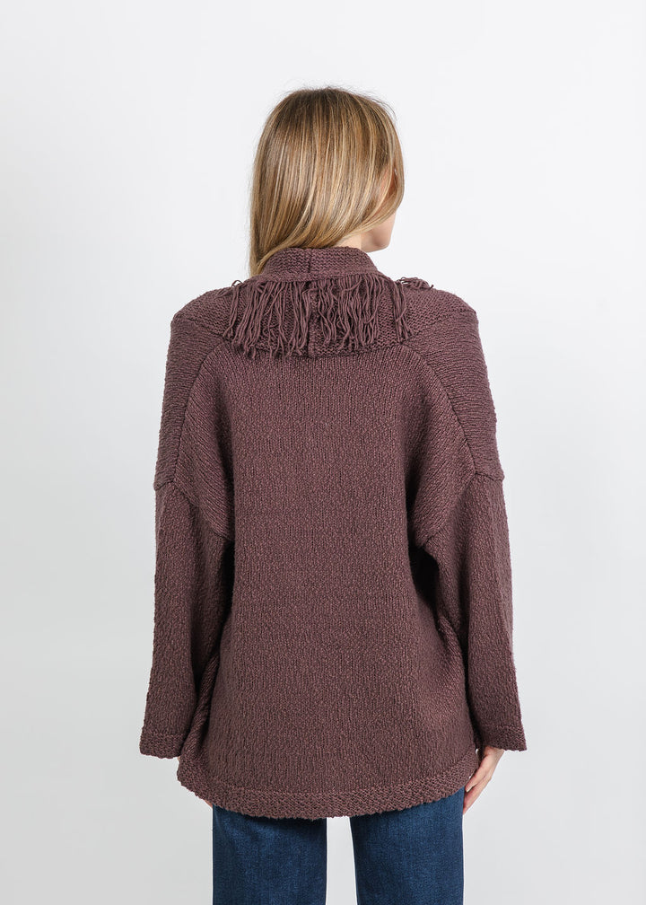 Autumn Cashmere Solid Fringe Shawl Collar Wrap Sweater in Cocoa available at Barbara Katz