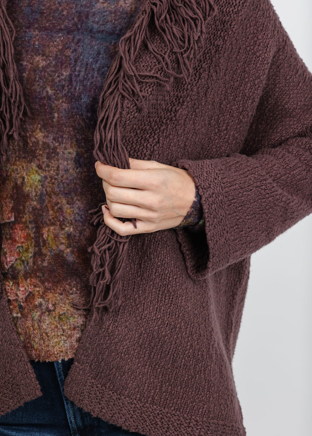 Autumn Cashmere Solid Fringe Shawl Collar Wrap Sweater in Cocoa available at Barbara Katz