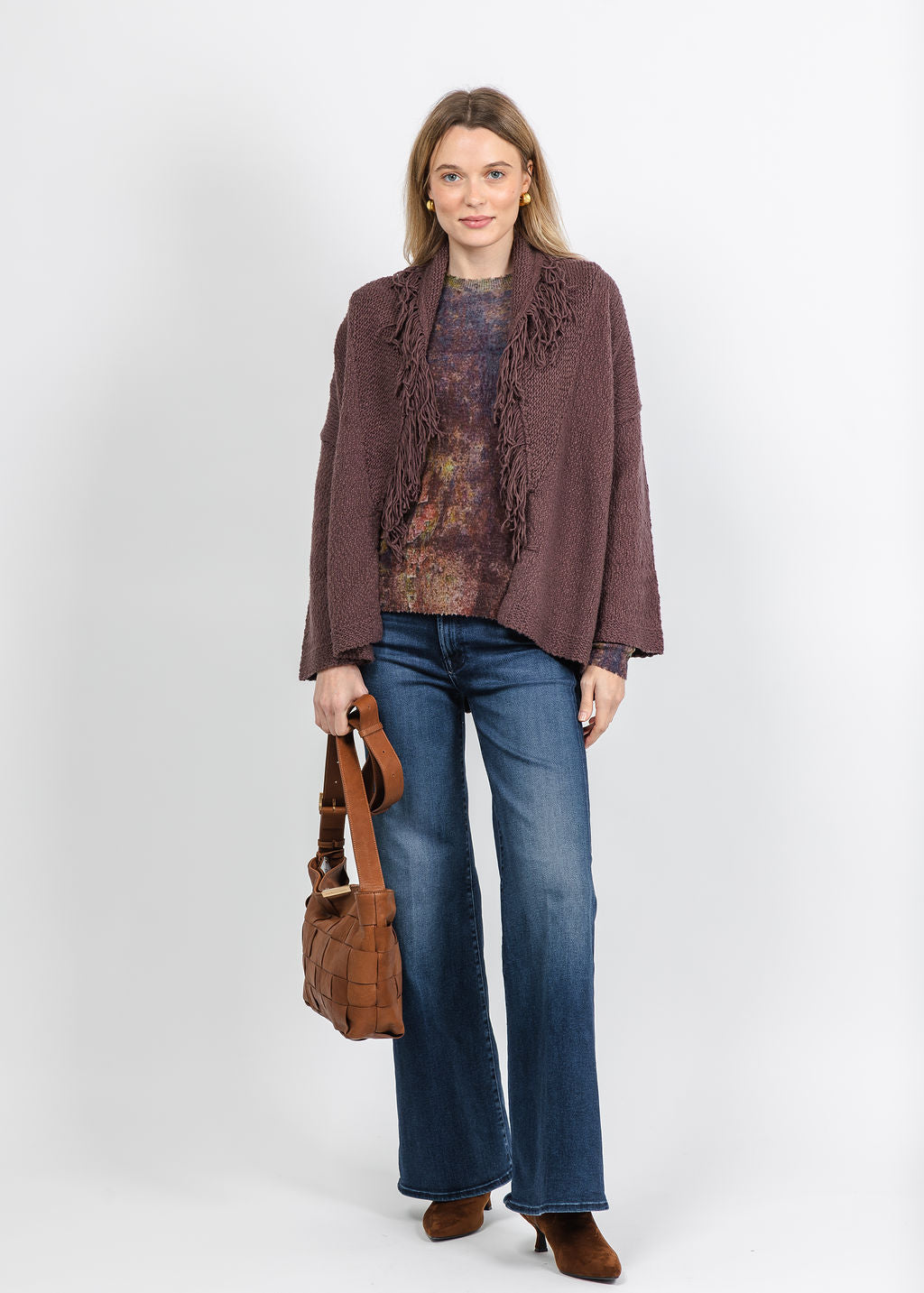 Autumn Cashmere Solid Fringe Shawl Collar Wrap Sweater in Cocoa available at Barbara Katz
