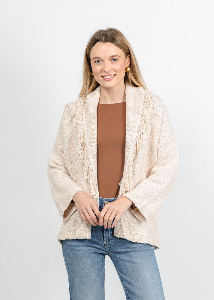 Autumn Cashmere Solid Fringe Shawl Collar Wrap Sweater in Sand available at Barbara Katz