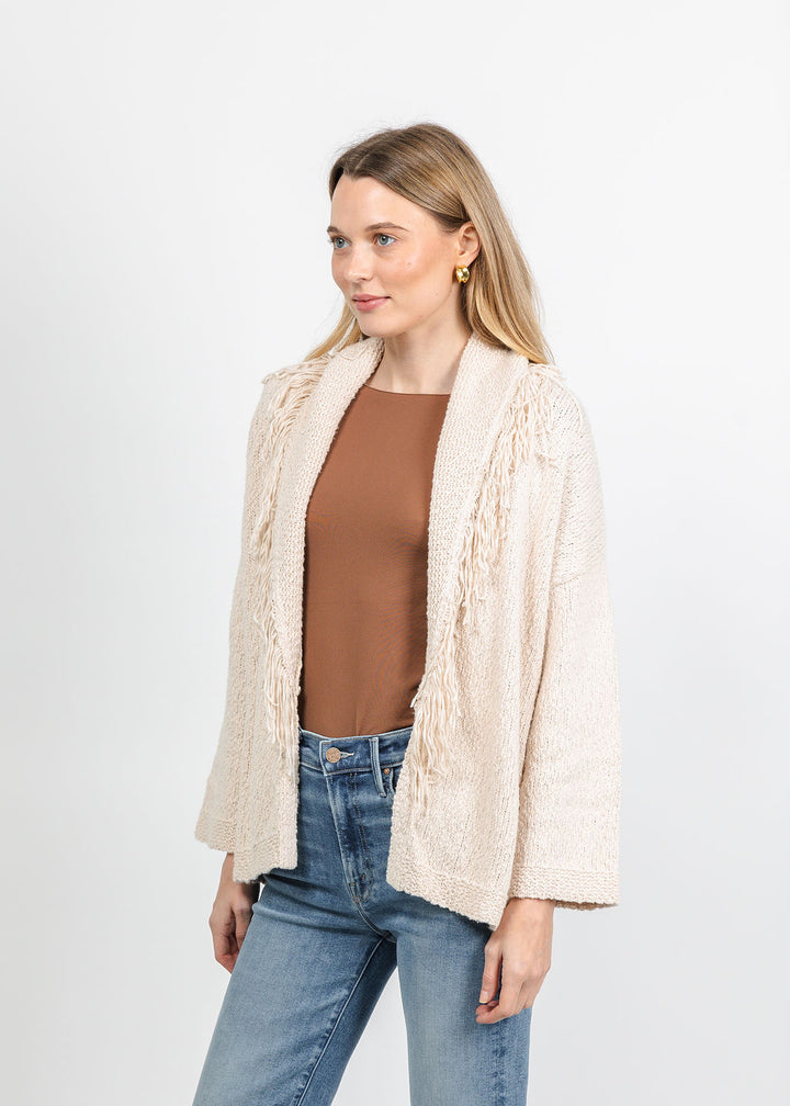 Autumn Cashmere Solid Fringe Shawl Collar Wrap Sweater in Sand available at Barbara Katz