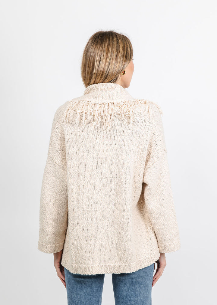 Autumn Cashmere Solid Fringe Shawl Collar Wrap Sweater in Sand available at Barbara Katz
