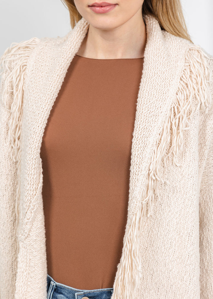 Autumn Cashmere Solid Fringe Shawl Collar Wrap Sweater in Sand available at Barbara Katz