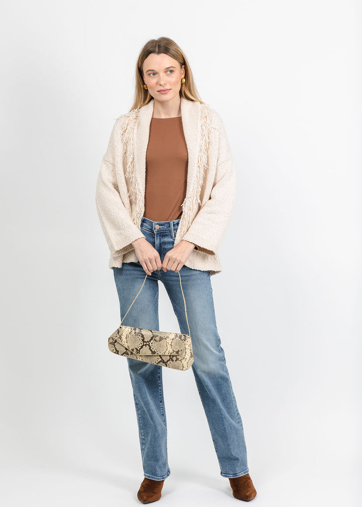 Autumn Cashmere Solid Fringe Shawl Collar Wrap Sweater in Sand available at Barbara Katz