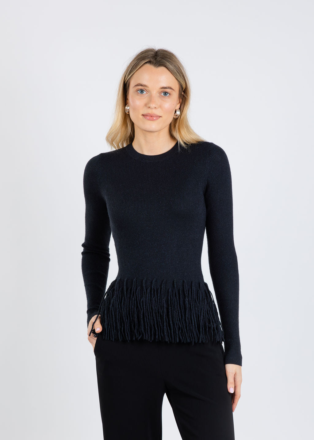 Autumn Cashmere Tiered Fringe Rib Crew Sweater in Black available at Barbara Katz