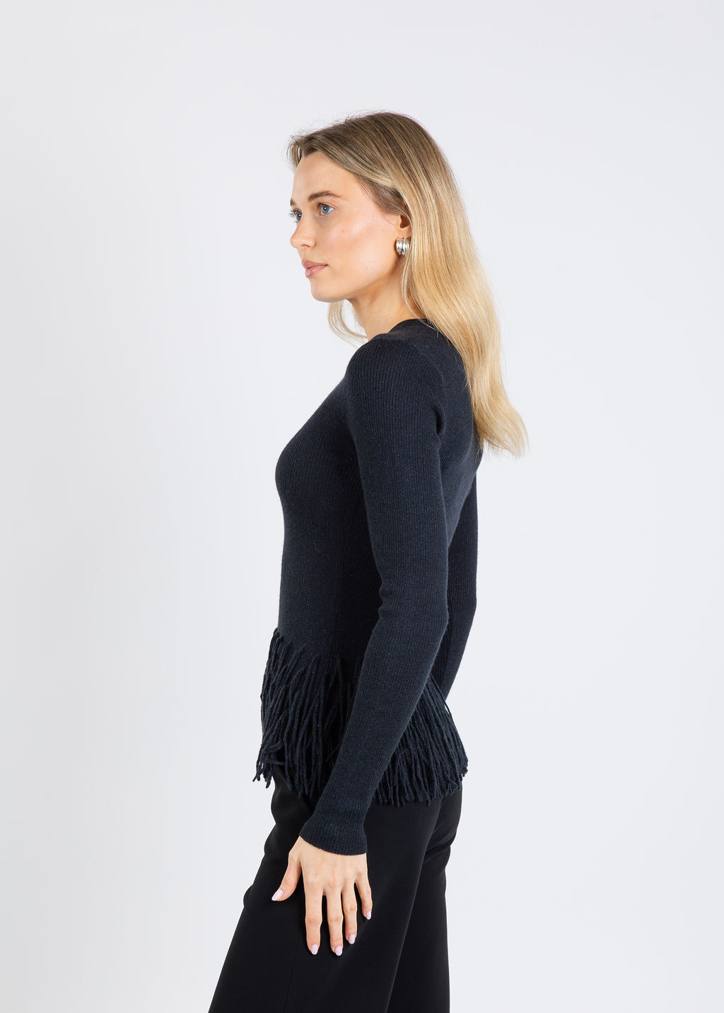 Autumn Cashmere Tiered Fringe Rib Crew Sweater in Black available at Barbara Katz