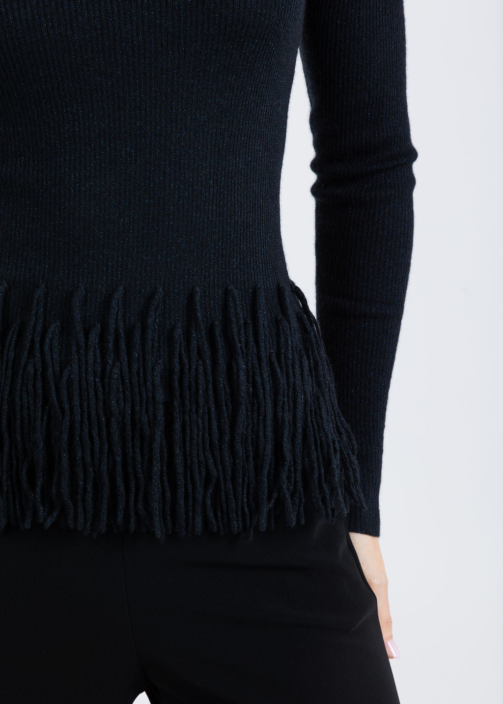 Autumn Cashmere Tiered Fringe Rib Crew Sweater in Black available at Barbara Katz