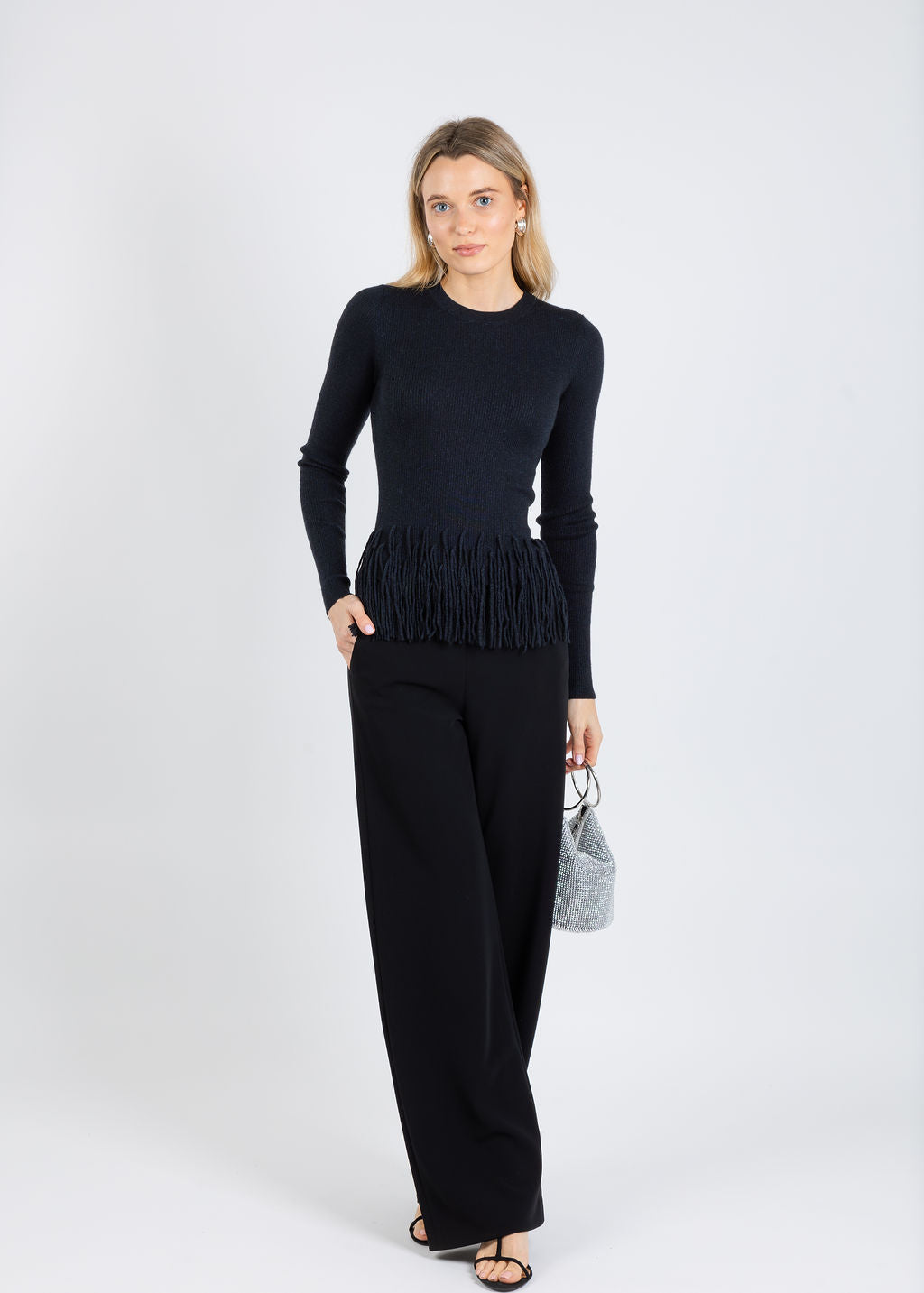 Autumn Cashmere Tiered Fringe Rib Crew Sweater in Black available at Barbara Katz