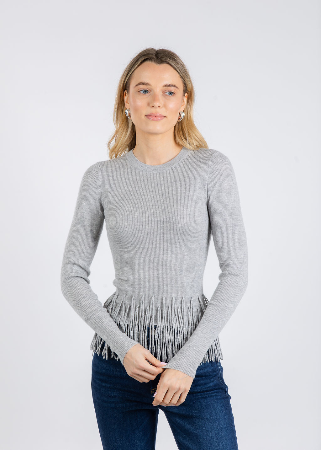 Autumn Cashmere Tiered Fringe Rib Crew Sweater in Silver available at Barbara Katz
