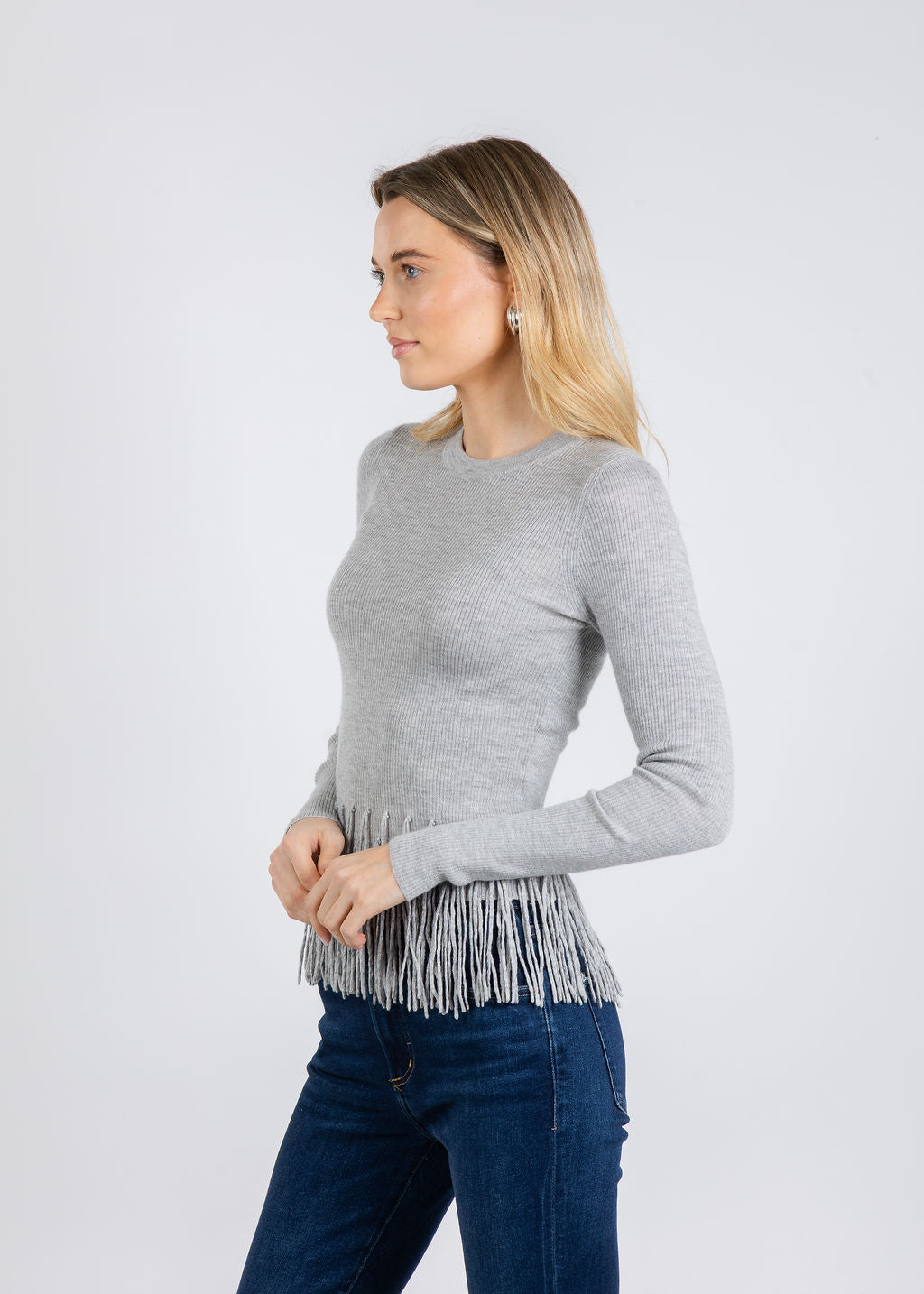Autumn Cashmere Tiered Fringe Rib Crew Sweater in Silver available at Barbara Katz