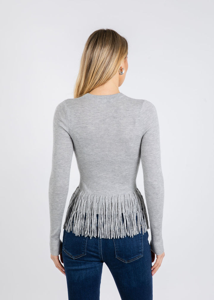 Autumn Cashmere Tiered Fringe Rib Crew Sweater in Silver available at Barbara Katz