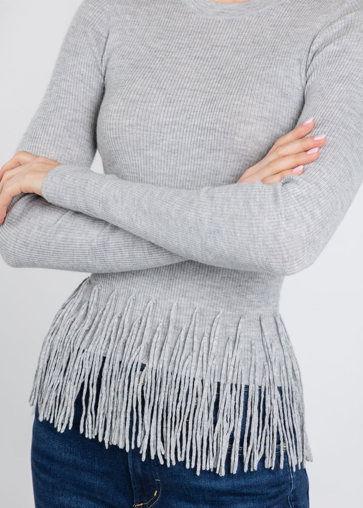Autumn Cashmere Tiered Fringe Rib Crew Sweater in Silver available at Barbara Katz
