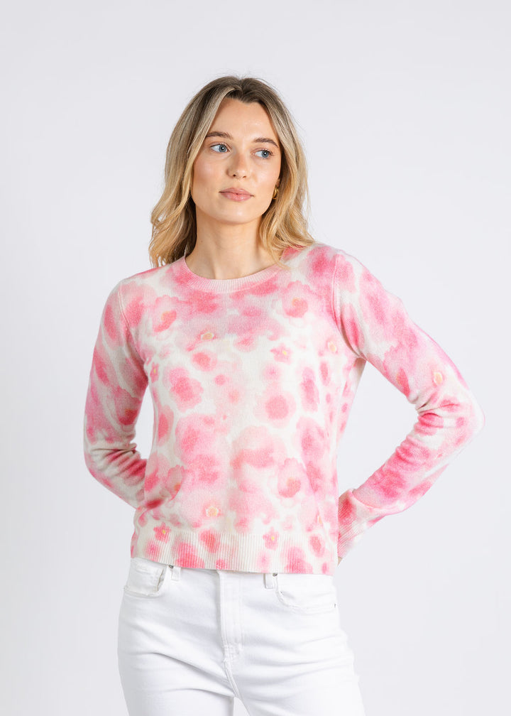 Autumn Cashmere Watercolor Floral Print Crew Sweater in Pink Combo available at Barbara Katz