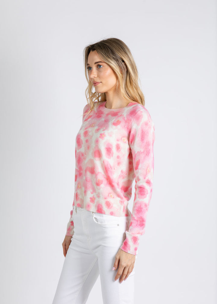 Autumn Cashmere Watercolor Floral Print Crew Sweater in Pink Combo available at Barbara Katz