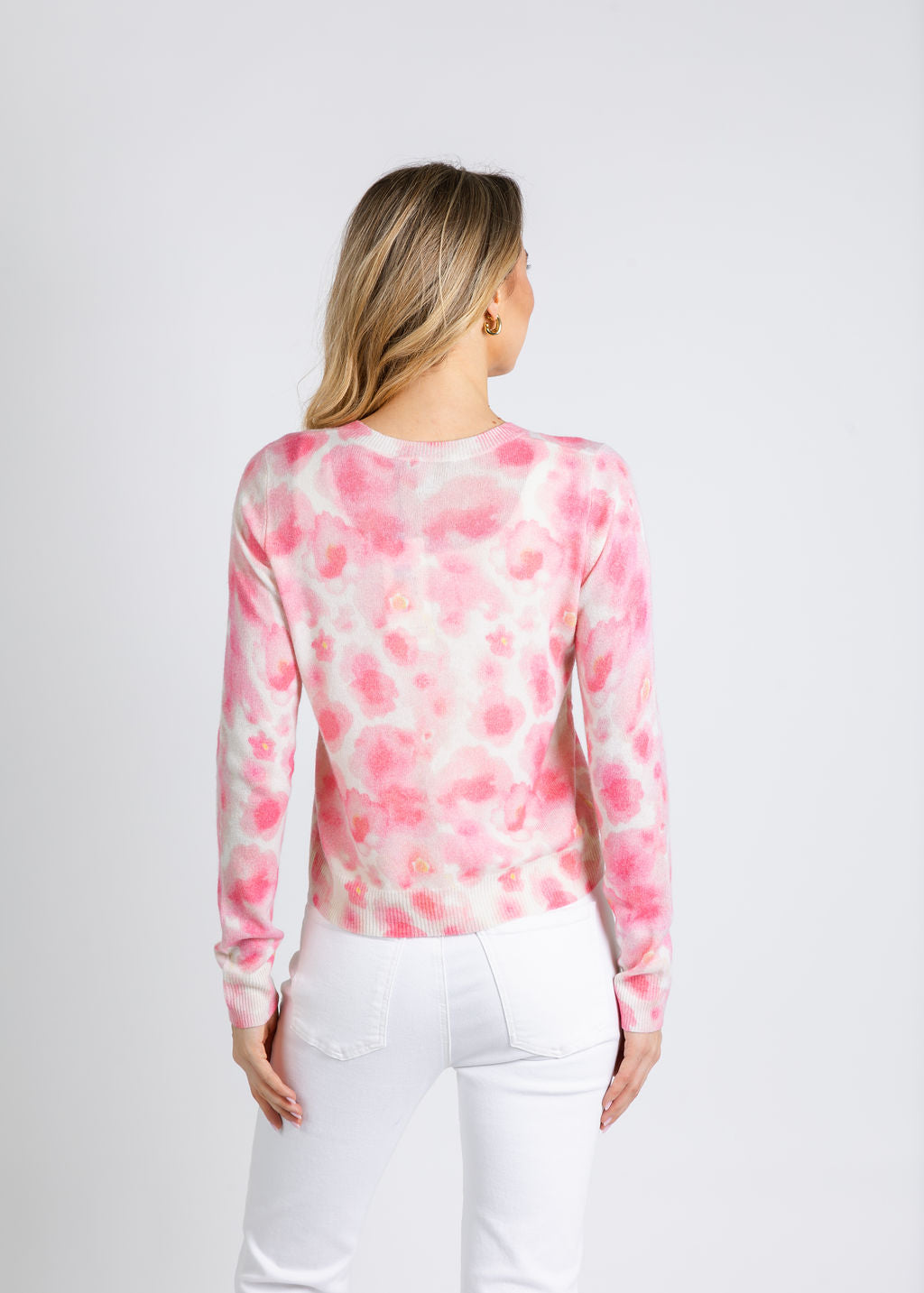 Autumn Cashmere Watercolor Floral Print Crew Sweater in Pink Combo available at Barbara Katz