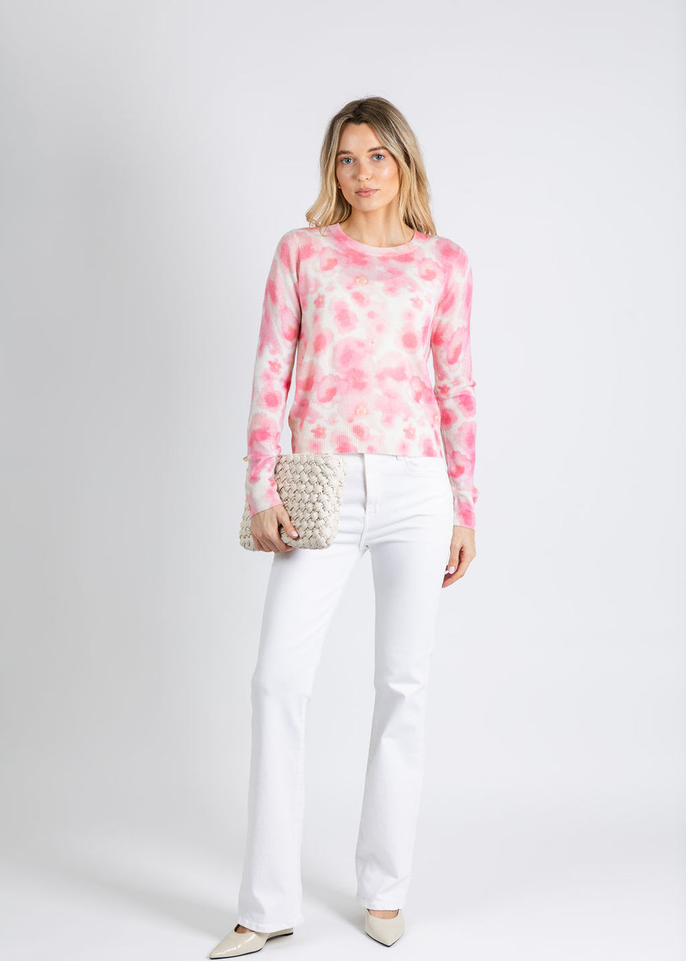 Autumn Cashmere Watercolor Floral Print Crew Sweater in Pink Combo available at Barbara Katz
