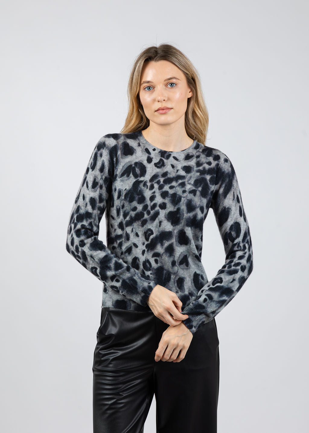 Autumn Cashmere Watercolor Print Cheetah Crew Sweater in Grey Combo available at Barbara Katz