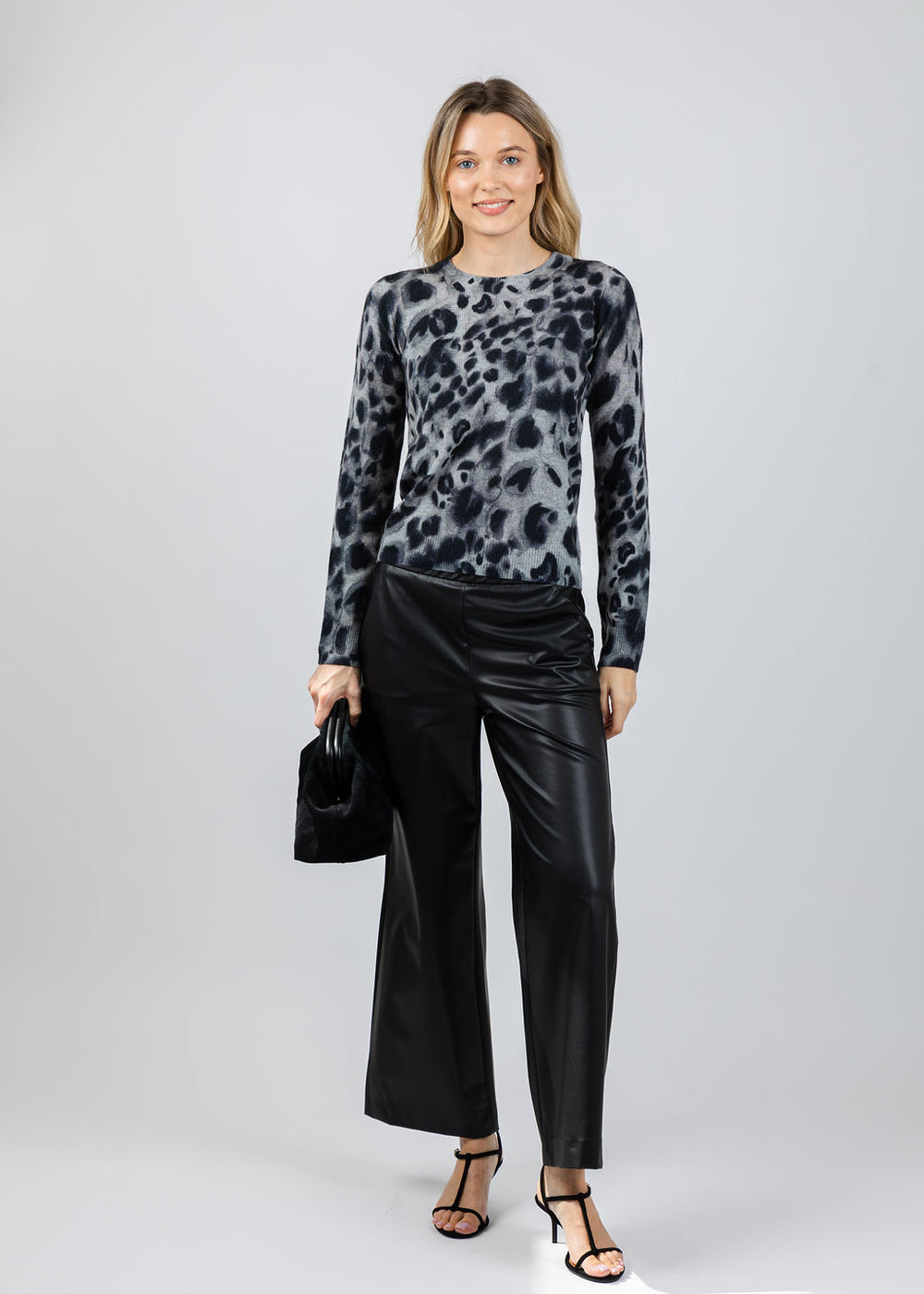 Autumn Cashmere Watercolor Print Cheetah Crew Sweater in Grey Combo available at Barbara Katz