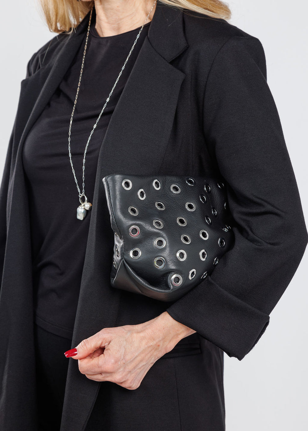 B-Low The Belt Gia Grommet Leather Clutch Bag in Black Silver available at Barbara Katz