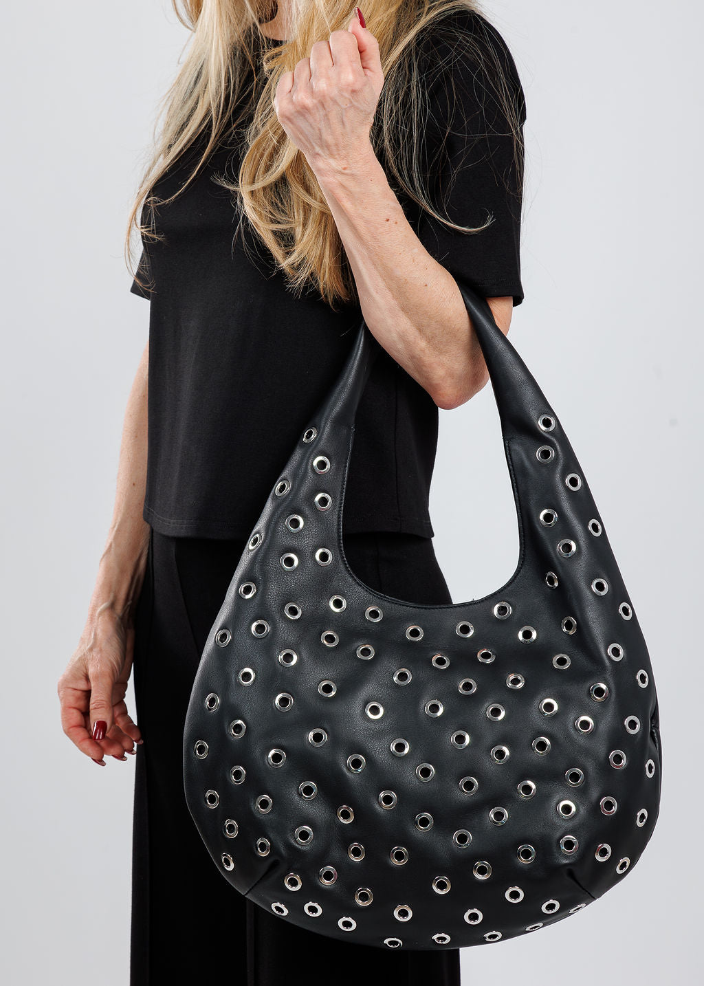 B-Low The Belt Gia Grommet Leather Hobo Bag in Black Silver available at Barbara Katz